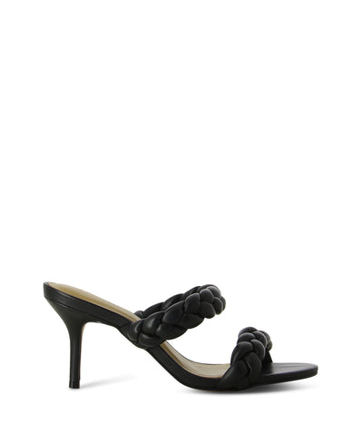 Black-heeled slip-on mules featuring dual braided straps, a spike heel, and a round toe by Sempre Di.