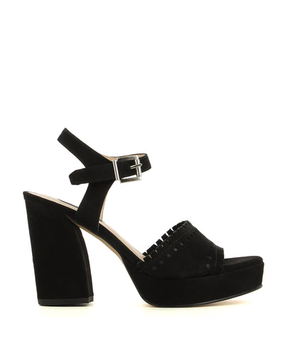 Classic black suede platform heels, featuring a buckle fastening, cutout detailing and a platform block heel by Zinda.