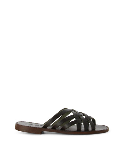 Strappy brown Italian leather sandals is a slip-on style featuring crisscrossed straps, a short-stacked heel, and a round toe by L'Artigiano Del Cuoio.