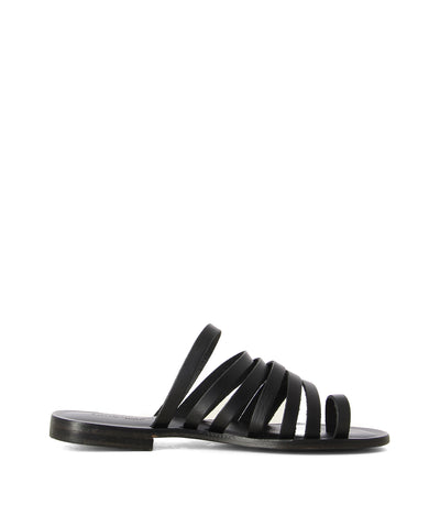 The '50011' by L'Artigiano del Cuoio are a strappy black leather sandal featuring multiple leather bands and a toe loop.