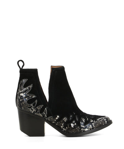 A black suede and snake print Western style leather ankle boot with cut out side detail, a block Cuban heel and a pointed toe by Jeffrey Campbell.
