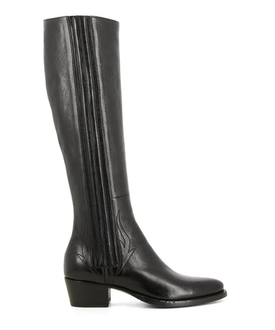 Black Italian leather pull-on knee-high riding boots that feature long covered elastic side gussets, subtle stitched design, a short 4 cm block heel and an almond-shaped toe by Alberto Fasciani.