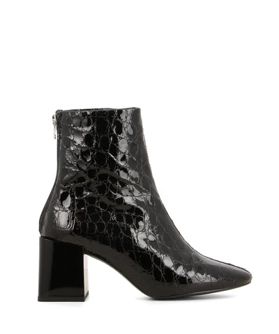 A textured black patent leather ankle boots that have a zipper fastening at the back and features a smooth block heel and a round toe by Lokas.