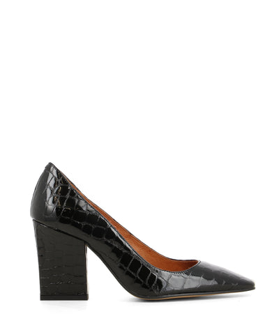 A textured black patent leather court shoe that features a stylized rectangle block heel and an elongated square toe by Lokas.