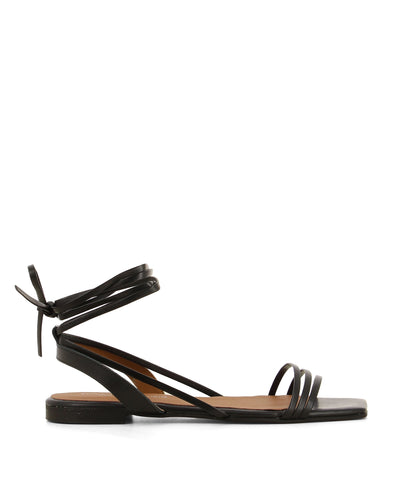 Italian made strappy black sandals that has a strappy ankle tie fastening and features a short block heel and an open square toe by Christian Di Riccio.