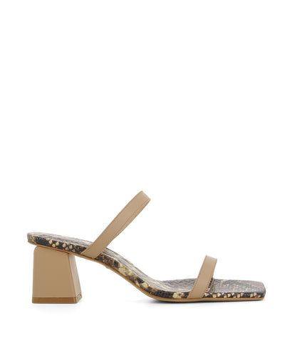 Stylish taupe leather heeled sandals that features a snakeskin effect inner sole, a block heel, and square toe by Sempre Di.