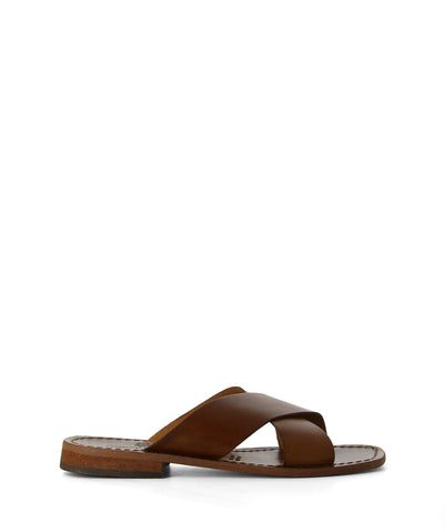 Tan leather crossover slip on slides that features a crossover banding with a top stitch leather sole and a round toe.