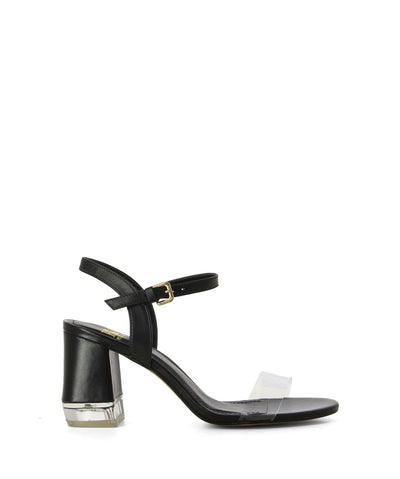 Black leather and clear PVC heeled sandals that have an ankle strap with buckle fastening and features a clear PVC toe strap, a block heel with clear trim detail and an oval toe by Piazza Grande.
