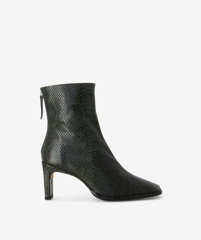 Green snakeskin embossed leather boots featuring a slender heel and a pointed square toe.