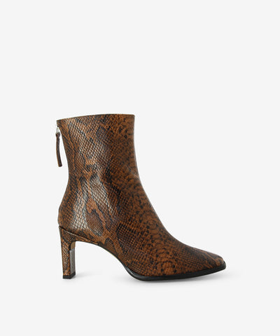 Brown snakeskin embossed leather boots with a slender heel and a pointed square toe.