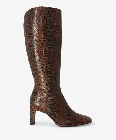 Brown snakeskin embossed leather knee-high boots with a slender heel and a pointed square toe.