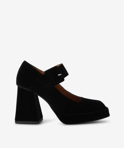 Black velvet Mary-Jane pumps with a chunky buckle strap fastening and featuring a platform sole, block heel and a square toe.