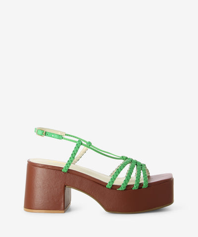 Green leather platform sandals with an ankle strap fastening and featuring braided detailing and a square toe.