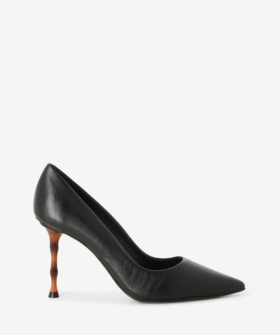 Black leather pumps featuring a bamboo stiletto heel and a pointed toe.