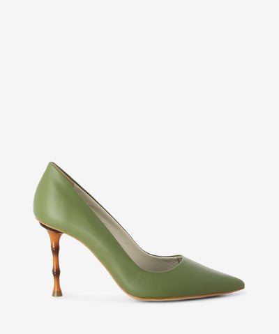 Olive leather pumps featuring a bamboo stiletto heel and a pointed toe.