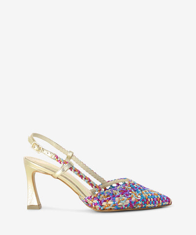 Multicolour leather heels with a slingback strap and featuring an interwoven upper and a pointed toe.