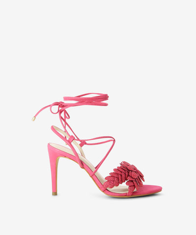 Pink nubuck leather heels with an ankle tie fastening and featuring petal detailing with diamantes, a stiletto heel and an almond toe.