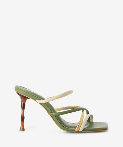 Olive leather heels featuring a strappy upper, bamboo stiletto heel and a square toe.
