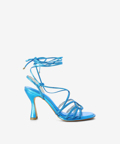 Metallic blue leather heels with an ankle tie fastening and featuring braided detailing, an hourglass heel and a round toe.