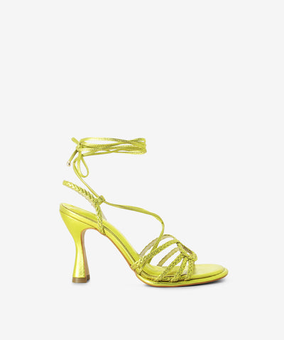 Metallic citrus leather heels with an ankle tie fastening and featuring braided detailing, an hourglass heel and a round toe.
