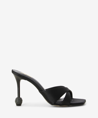 Black satin heels featuring a stiletto heel with glitterball detail, a crossover upper and a soft square toe.