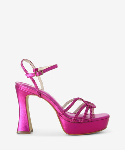 Metallic pink leather heels with an ankle strap fastening and featuring braided detailing, a platform sole and a round toe.