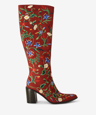 Rust faux-suede knee-high boots featuring floral embroidery and an almond toe by Jeffrey Campbell.