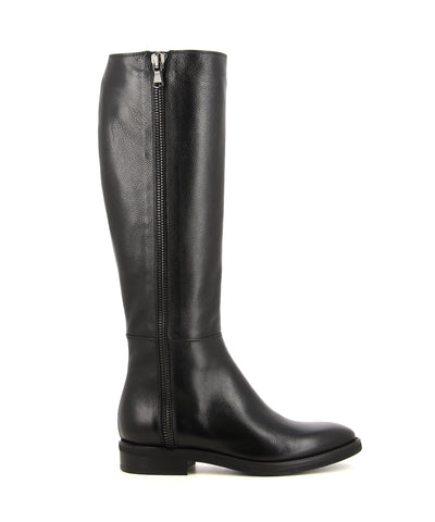 A flat black Italian leather knee high boot by Le Pepé. The 'B695962' has an inner zipper fastening and features a decorative zip on the outer, a short block heel and an almond shaped toe.