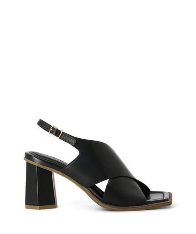 Heeled black leather sandals with a slingback buckle fastening and featuring a crossover upper, hexagonal heel and a square toe by Bruno Premi.