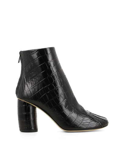 A black croc print leather ankle boot that has zipper fastening at the back and features stitched piping on the toe, a 8cm banana block heel, and a round toe by Beau Coops.
