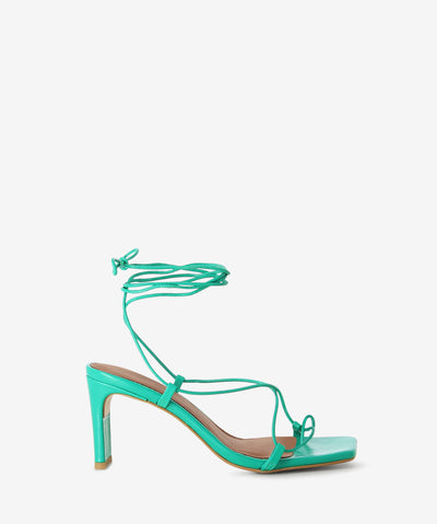 Green leather heels with tie-up ankle fastening and features a slender heel and a soft square toe.