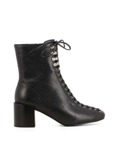 A black leather ankle boot that features laces from the tip of the toes to the top of the boot. This style also had zipper fastening and features a 6.5cm block heel and a soft square toe by Jeffrey Campbell. 