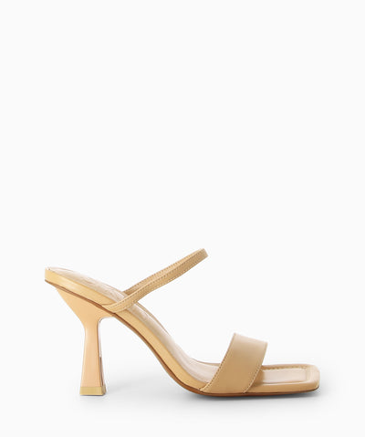 Caramel leather heels with a wide lower strap, an elasticated upper strap and a square toe.