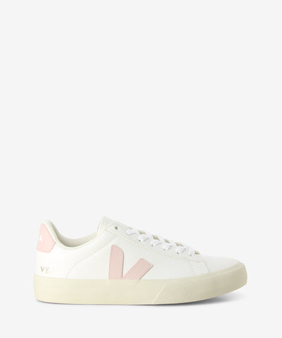Ethically made white leather sneakers with a pink Veja 'V' logo, an Amazonian rubber sole and a round toe.