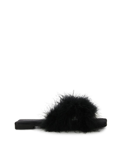 Black fluffy feather slides featuring crisscrossed feathered straps and a square toe by Jeffrey Campbell.