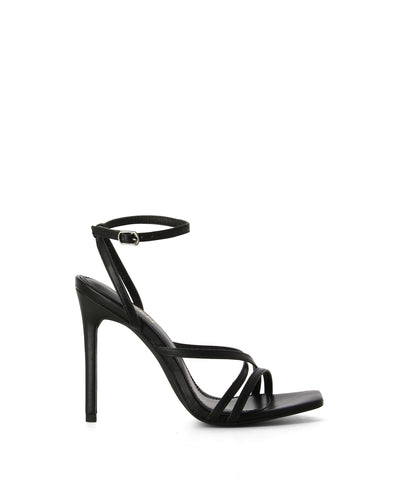 Black leather strappy heeled sandals that have an ankle buckle fastening and features a strappy upper, a thin stiletto heel and an open square toe by Siren.