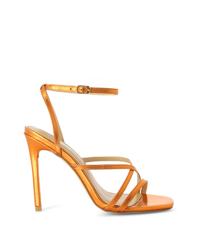 Orange metallic leather strappy heels featuring a thin stiletto heel and an open square toe by Siren.