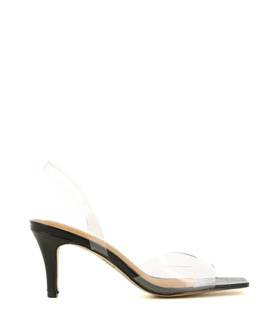 A chic and simple sling back heel by Diavolina. The 'Dutch' features a clear PVC upper, croc print sole, square toe and a black leather stiletto heel.