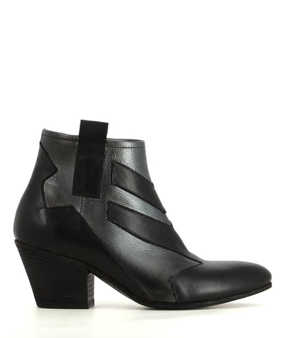 Italian made, black leather ankle boots that have inner zipper fastening and features a subtle metallic finish to the upper, contrast panel detailing, a 6 cm block heel and an almond toe by Elena Iachi.