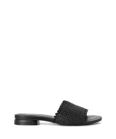 Black leather slides featuring an intricate woven leather upper, low heel and round toe by Elvio Zanon.