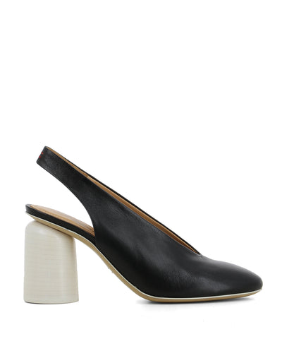An Italian made black leather heeled slingback featuring a white block heel and round toe – hand made in Italy by Halmanera. This style runs true to size. 