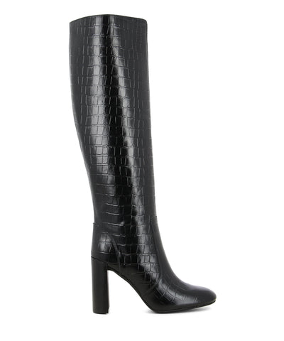 A black croc skin knee high leather boot that has zipper fastening and features a 9.5cm block heel and a square toe by Jeffrey Campbell. 