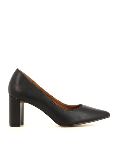 A black leather pointed toe pump by Diavolina. The 'Envy' features a block heel and a pointed toe.