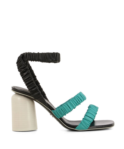 An Italian made black and turquoise leather heeled sandal that features ruched straps, a 8.5cm white cylindrical block heel, and a square toe by Halmanera.