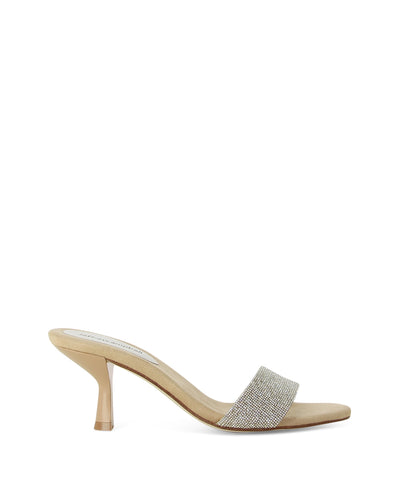 Sparkly champagne coloured leather mules featuring a single diamanté embossed strap across the toe, hourglass heel, and a square toe by Jeffrey Campbell. 