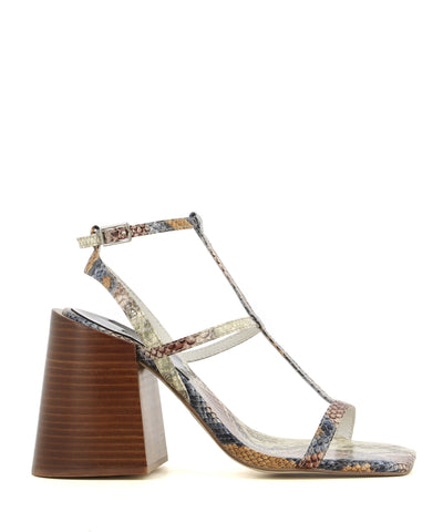 A grey wine snake like leather strappy sandal by Jeffrey Campbell. The 'Goliath' has a buckle fastening and features a chunky wooden heel and a square toe. 