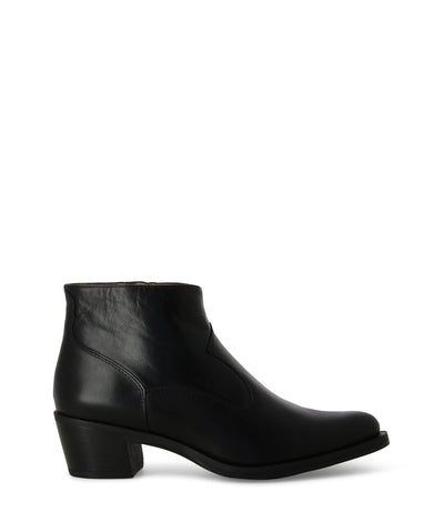 Black leather Western ankle boots featuring a panelled upper, stacked Cuban heel and a pointed toe by Unisa.