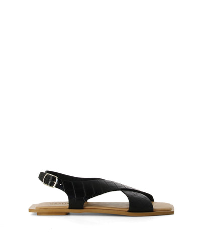 A black strappy Italian leather sandal with an ankle strap, crossover front straps, a soft square toe and croc-like leather detailing by Beau Coops.