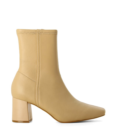 Taupe fitted ankle boot with seaming detail and block heel by Siren.