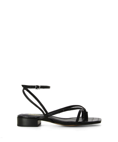 Strappy black leather sandals featuring a buckle fastening at the ankle and a croc embossed upper, a low block heel and a square toe by Siren.